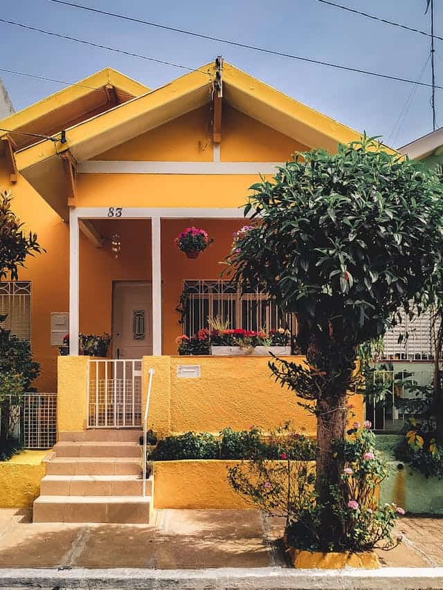 yellow house with a tree in front of it