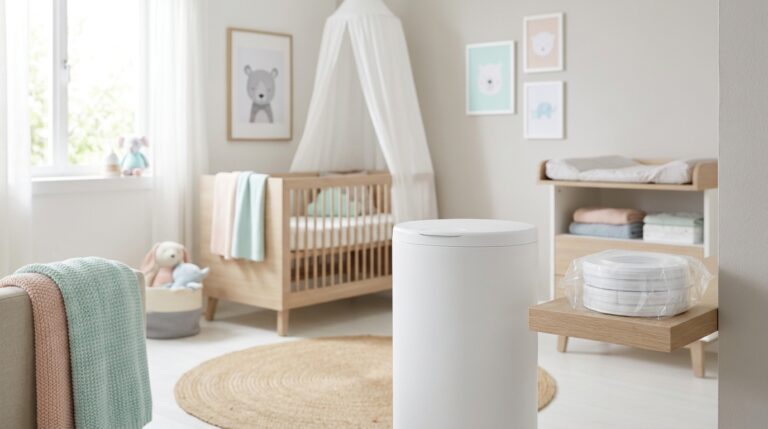 Diaper pail in cozy nursery
